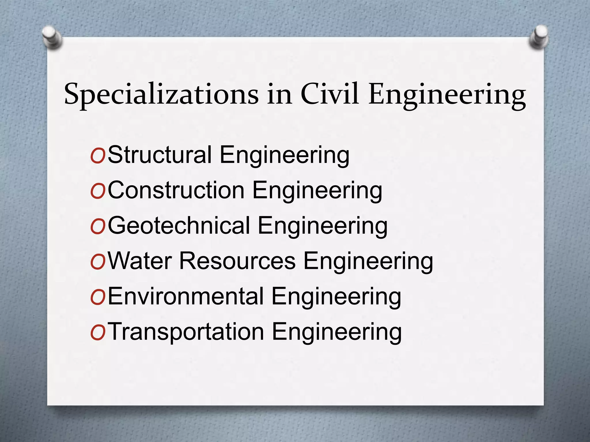 Specializations in Civil Engineering
OStructural Engineering
OConstruction Engineering
OGeotechnical Engineering
OWater Resources Engineering
OEnvironmental Engineering
OTransportation Engineering
 