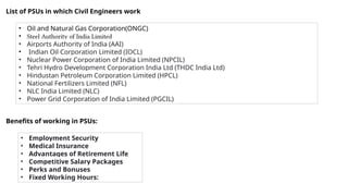 List of PSUs in which Civil Engineers work
• Oil and Natural Gas Corporation(ONGC)
• Steel Authority of India Limited
• Airports Authority of India (AAI)
• Indian Oil Corporation Limited (IOCL)
• Nuclear Power Corporation of India Limited (NPCIL)
• Tehri Hydro Development Corporation India Ltd (THDC India Ltd)
• Hindustan Petroleum Corporation Limited (HPCL)
• National Fertilizers Limited (NFL)
• NLC India Limited (NLC)
• Power Grid Corporation of India Limited (PGCIL)
Benefits of working in PSUs:
• Employment Security
• Medical Insurance
• Advantages of Retirement Life
• Competitive Salary Packages
• Perks and Bonuses
• Fixed Working Hours:
 