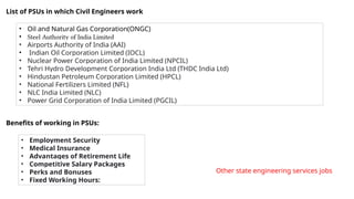 List of PSUs in which Civil Engineers work
• Oil and Natural Gas Corporation(ONGC)
• Steel Authority of India Limited
• Airports Authority of India (AAI)
• Indian Oil Corporation Limited (IOCL)
• Nuclear Power Corporation of India Limited (NPCIL)
• Tehri Hydro Development Corporation India Ltd (THDC India Ltd)
• Hindustan Petroleum Corporation Limited (HPCL)
• National Fertilizers Limited (NFL)
• NLC India Limited (NLC)
• Power Grid Corporation of India Limited (PGCIL)
Benefits of working in PSUs:
• Employment Security
• Medical Insurance
• Advantages of Retirement Life
• Competitive Salary Packages
• Perks and Bonuses
• Fixed Working Hours:
Other state engineering services jobs
 