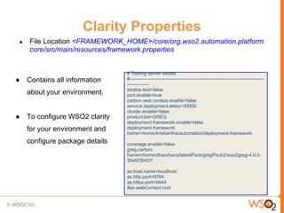Clarity Properties
●   File Location <FRAMEWORK_HOME>/core/org.wso2.automation.platform.
    core/src/main/resources/framework.properties


                                # Testing server details
●   Contains all information    #-------------------------------------------------------------------------------------
                                --------------
                                stratos.test=false
    about your environment.     port.enable=true
                                carbon.web.context.enable=false
                                service.deployment.delay=30000
                                cluster.enable=false
●   To configure WSO2 clarity   product.list=GREG
                                deployment.framework.enable=false
    for your environment and    deployment.framework.
                                home=/home/krishantha/automation/deployment-framework
    configure package details   coverage.enable=false
                                greg.carbon.
                                home=/home/dharshana/latestPack/gregPack2/wso2greg-4.0.0-
                                SNAPSHOT

                                as.host.name=localhost
                                as.http.port=9764
                                as.https.port=9444
                                #as.webContext.root
 