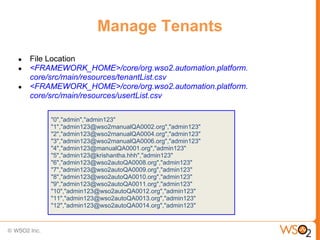 Manage Tenants
●   File Location
●   <FRAMEWORK_HOME>/core/org.wso2.automation.platform.
    core/src/main/resources/tenantList.csv
●   <FRAMEWORK_HOME>/core/org.wso2.automation.platform.
    core/src/main/resources/usertList.csv

        "0","admin","admin123"
        "1","admin123@wso2manualQA0002.org","admin123"
        "2","admin123@wso2manualQA0004.org","admin123"
        "3","admin123@wso2manualQA0006.org","admin123"
        "4","admin123@manualQA0001.org","admin123"
        "5","admin123@krishantha.hhh","admin123"
        "6","admin123@wso2autoQA0008.org","admin123"
        "7","admin123@wso2autoQA0009.org","admin123"
        "8","admin123@wso2autoQA0010.org","admin123"
        "9","admin123@wso2autoQA0011.org","admin123"
        "10","admin123@wso2autoQA0012.org","admin123"
        "11","admin123@wso2autoQA0013.org","admin123"
        "12","admin123@wso2autoQA0014.org","admin123"
 