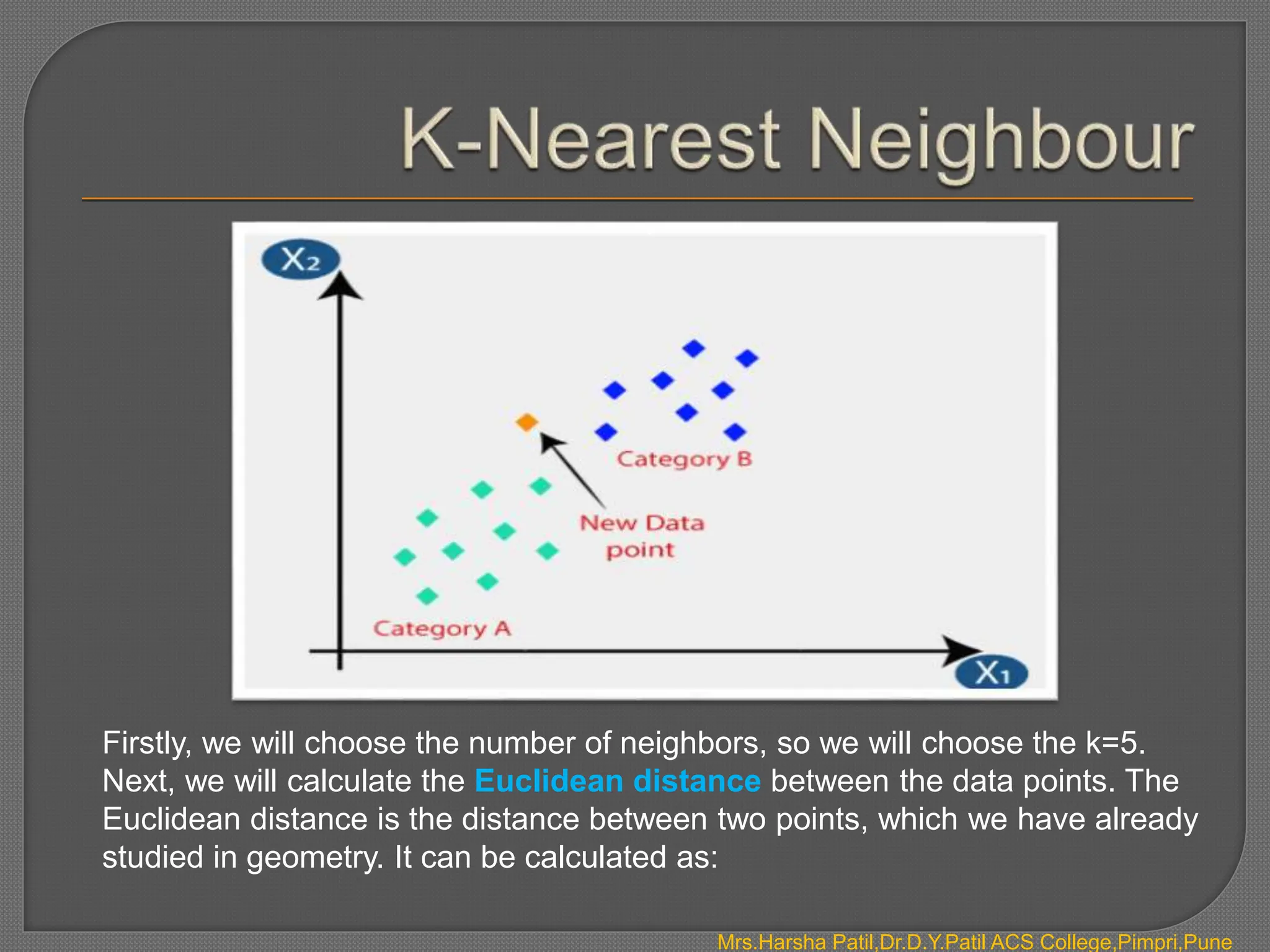 Mrs.Harsha Patil,Dr.D.Y.Patil ACS College,Pimpri,Pune
Firstly, we will choose the number of neighbors, so we will choose the k=5.
Next, we will calculate the Euclidean distance between the data points. The
Euclidean distance is the distance between two points, which we have already
studied in geometry. It can be calculated as:
 