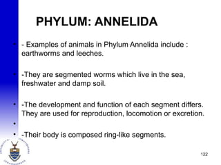 • - Examples of animals in Phylum Annelida include :
earthworms and leeches.
• -They are segmented worms which live in the sea,
freshwater and damp soil.
• -The development and function of each segment differs.
They are used for reproduction, locomotion or excretion.
•
• -Their body is composed ring-like segments.
122
PHYLUM: ANNELIDA
 