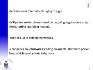 -Fertilization is internal with laying of eggs.
-Millipedes are herbivores- feed on decaying vegetation e.g. leaf
litters, rotting logs(plant matter).
-They coil up to defend themselves.
-Centipedes are carnivores feeding on insects. They have poison
fangs which may be toxic to humans.
14
0
 