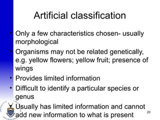 Artificial classification
• Only a few characteristics chosen- usually
morphological
• Organisms may not be related genetically,
e.g. yellow flowers; yellow fruit; presence of
wings
• Provides limited information
• Difficult to identify a particular species or
genus
• Usually has limited information and cannot
add new information to what is present
20
 