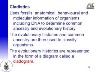 Cladistics
Uses fossils, anatomical, behavioural and
molecular information of organisms
including DNA to determine common
ancestry and evolutionary history
The evolutionary histories and common
ancestry are then used to classify
organisms.
The evolutionary histories are represented
in the form of a diagram called a
cladogram.
39
 