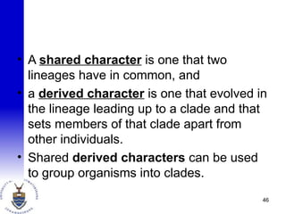 • A shared character is one that two
lineages have in common, and
• a derived character is one that evolved in
the lineage leading up to a clade and that
sets members of that clade apart from
other individuals.
• Shared derived characters can be used
to group organisms into clades.
46
 