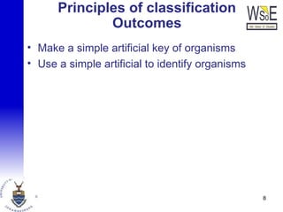 Principles of classification
Outcomes
• Make a simple artificial key of organisms
• Use a simple artificial to identify organisms
8
 