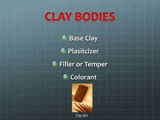 Base Clay
  Plasitcizer
Filler or Temper
   Colorant




     Clip Art
 