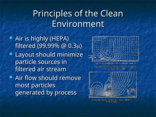 Principles of the Clean
Principles of the Clean
Environment
Environment
 Air is highly (HEPA)
Air is highly (HEPA)
filtered (99.99% @ 0.3
filtered (99.99% @ 0.3
)
)
 Layout should minimize
Layout should minimize
particle sources in
particle sources in
filtered air stream
filtered air stream
 Air flow should remove
Air flow should remove
most particles
most particles
generated by process
generated by process
 