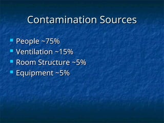 Contamination Sources
Contamination Sources
 People ~75%
People ~75%
 Ventilation ~15%
Ventilation ~15%
 Room Structure ~5%
Room Structure ~5%
 Equipment ~5%
Equipment ~5%
 