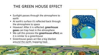 THE GREEN HOUSE EFFECT
 Sunlight passes through the atmosphere to
earth
 At earth’s surface it’s reflected back through
the atmosphere to space
 However! After it is reflected, greenhouse
gases can trap heat in the atmosphere
 We call this process the greenhouse effect; as
it is similar to a greenhouse
 Greenhouse gases act like a big blanket
around the earth, trapping heat.
 
