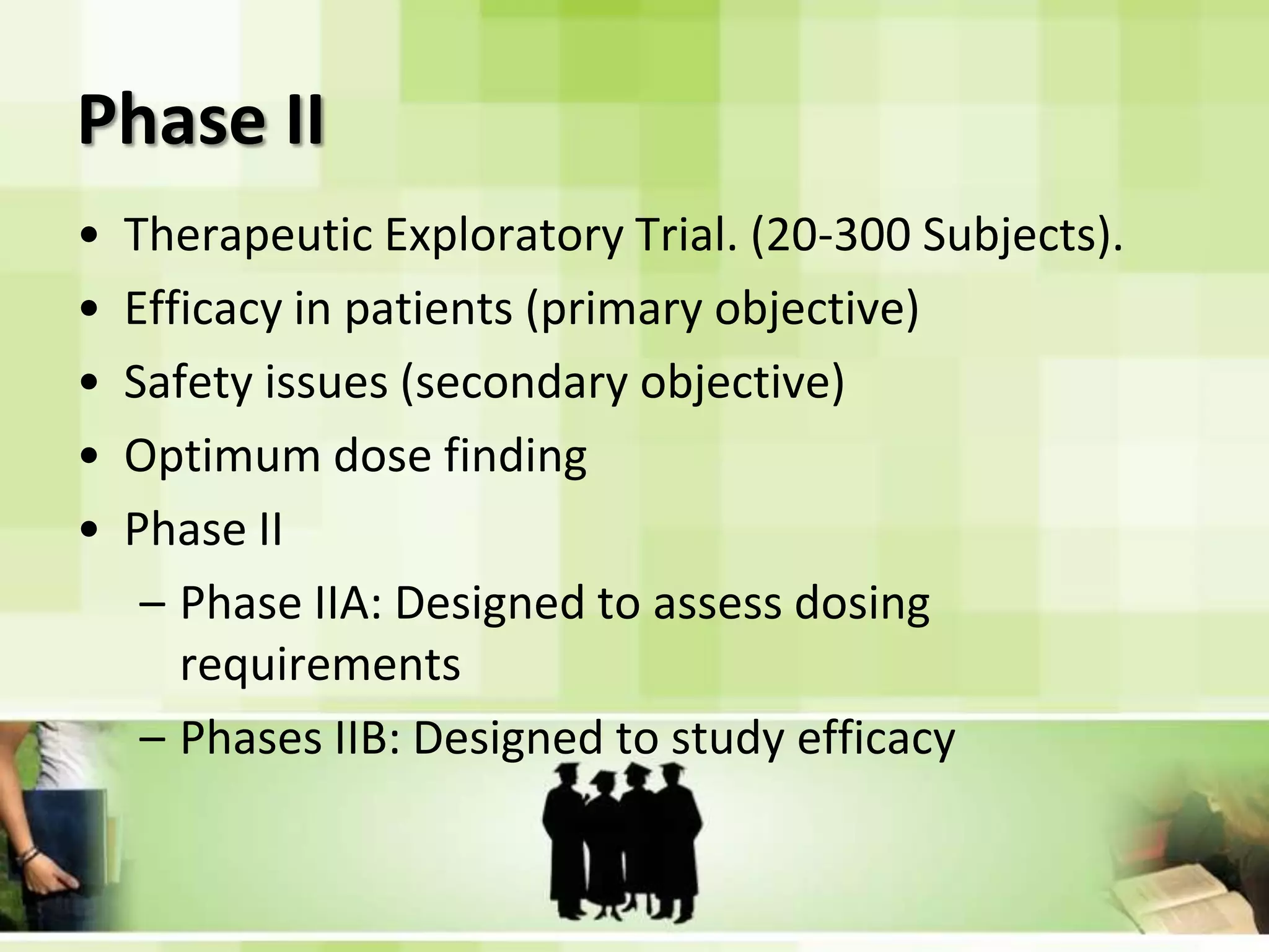 Phase IITherapeutic Exploratory Trial. (20-300 Subjects).Efficacy in patients (primary objective)Safety issues (secondary objective)Optimum dose findingPhase IIPhase IIA: Designed to assess dosing requirementsPhases IIB: Designed to study efficacy