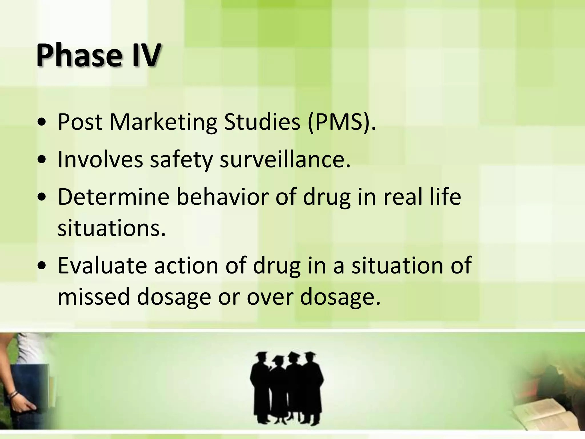 Phase IVPost Marketing Studies (PMS).Involves safety surveillance.Determine behavior of drug in real life situations.Evaluate action of drug in a situation of missed dosage or over dosage.