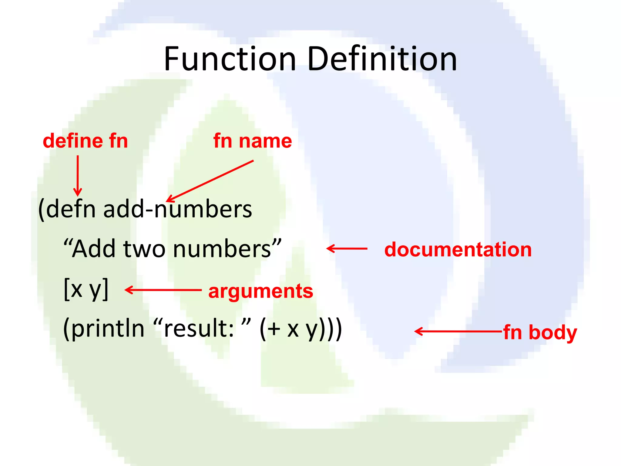 Function Definition define fn fn name (defn add-numbers “Add two numbers” documentation [x y] arguments (println “result: ” (+ x y))) fn body 
