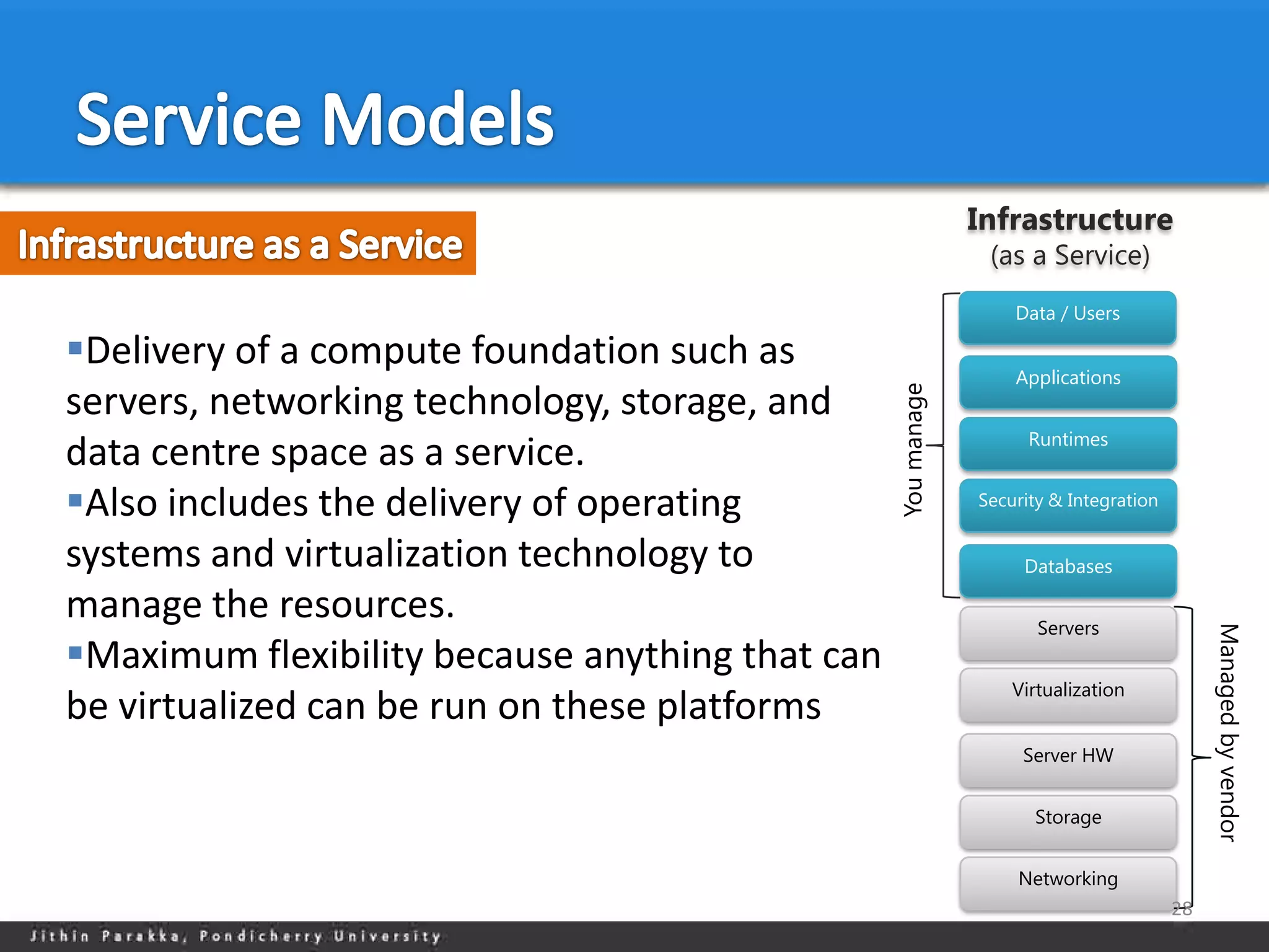 Infrastructure
                                                               (as a Service)
                                                                  Data / Users

Delivery of a compute foundation such as                         Applications
servers, networking technology, storage, and




                                                 You manage
                                                                    Runtimes
data centre space as a service.
Also includes the delivery of operating                      Security & Integration


systems and virtualization technology to                           Databases

manage the resources.                                                Servers




                                                                                            Managed by vendor
Maximum flexibility because anything that can
                                                                  Virtualization
be virtualized can be run on these platforms
                                                                   Server HW


                                                                    Storage


                                                                  Networking
                                                                                       28
 