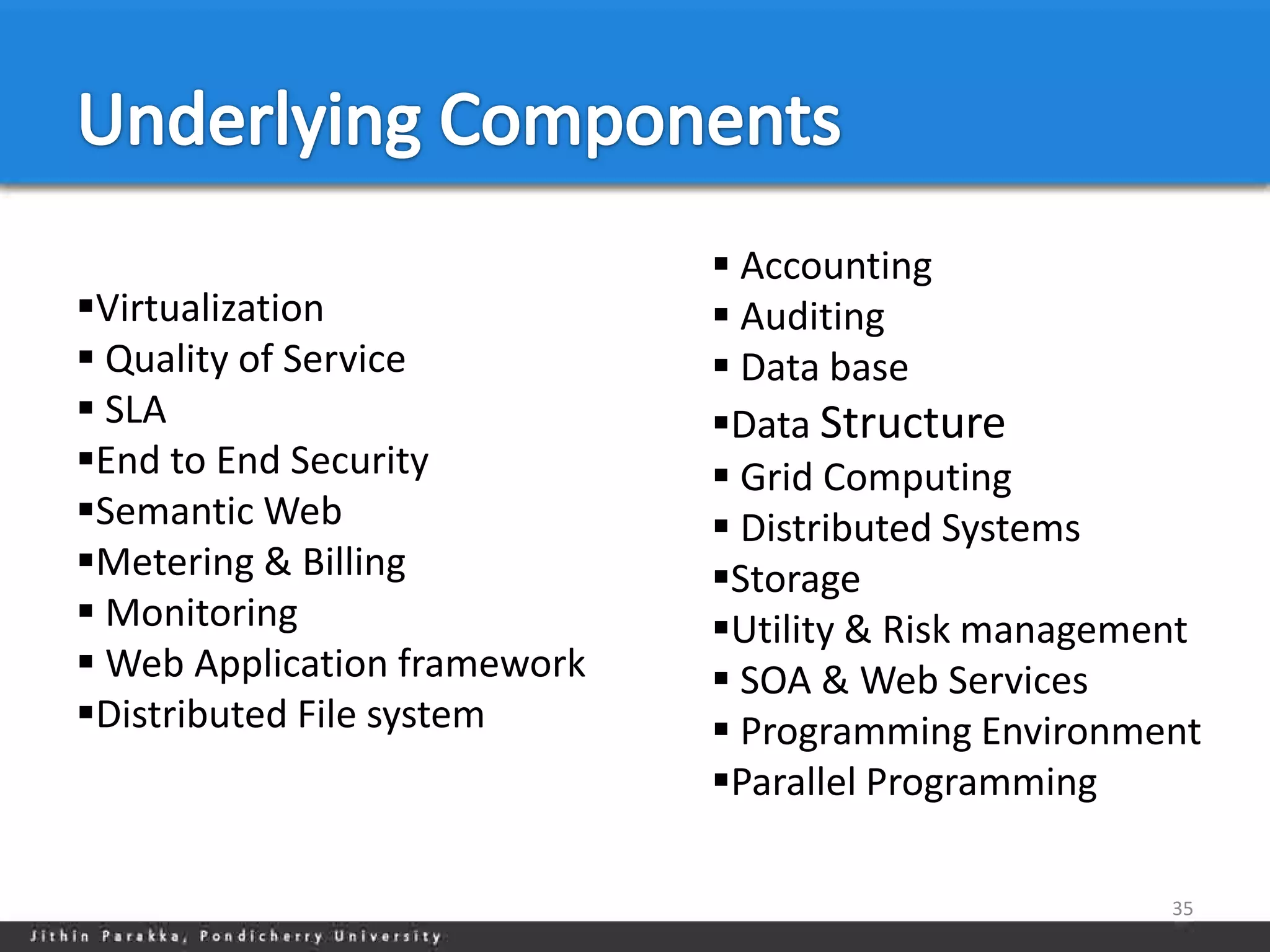  Accounting
Virtualization                Auditing
 Quality of Service           Data base
 SLA                         Data Structure
End to End Security           Grid Computing
Semantic Web                  Distributed Systems
Metering & Billing           Storage
 Monitoring                  Utility & Risk management
 Web Application framework    SOA & Web Services
Distributed File system       Programming Environment
                              Parallel Programming

                                                      35
 