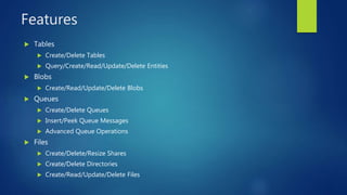Features
 Tables
 Create/Delete Tables
 Query/Create/Read/Update/Delete Entities
 Blobs
 Create/Read/Update/Delete Blobs
 Queues
 Create/Delete Queues
 Insert/Peek Queue Messages
 Advanced Queue Operations
 Files
 Create/Delete/Resize Shares
 Create/Delete Directories
 Create/Read/Update/Delete Files
 