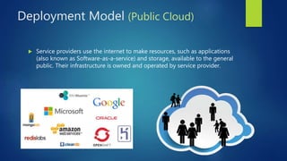 Deployment Model (Public Cloud)
 Service providers use the internet to make resources, such as applications
(also known as Software-as-a-service) and storage, available to the general
public. Their infrastructure is owned and operated by service provider.
 