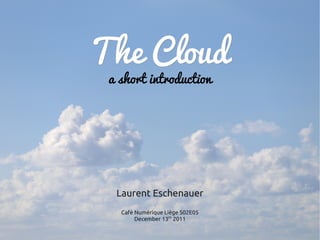 The Cloud
 a short introduction




  Laurent Eschenauer
   Café Numérique Liège S02E05
        December 13th 2011
 