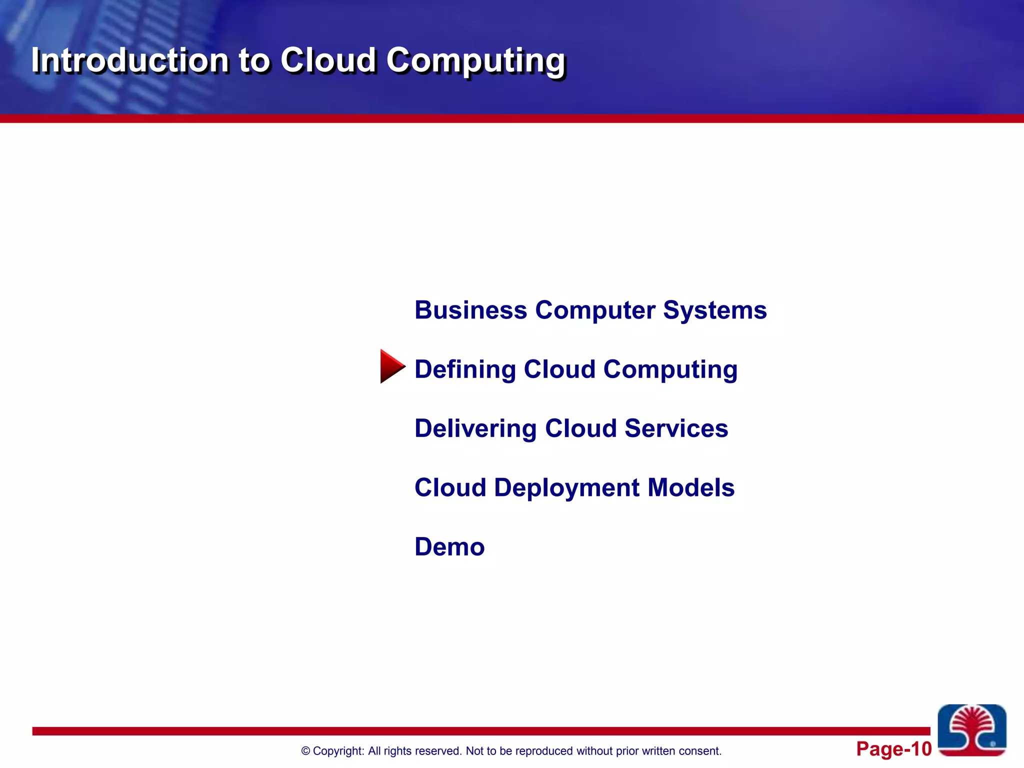 Introduction to Cloud ComputingBusiness Computer SystemsDefining Cloud ComputingDelivering Cloud ServicesCloud Deployment ModelsDemo