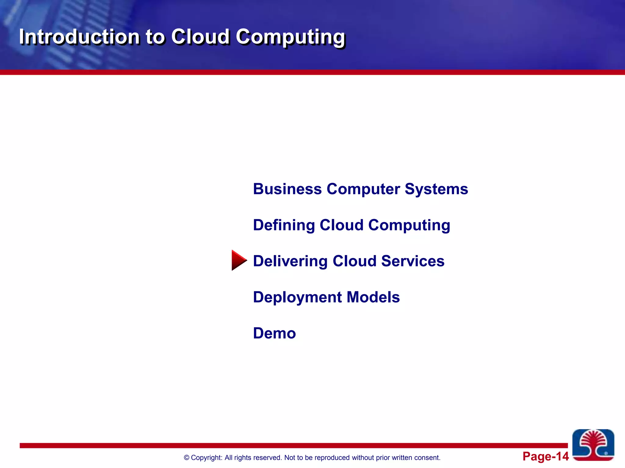 Introduction to Cloud ComputingBusiness Computer SystemsDefining Cloud ComputingDelivering Cloud ServicesDeployment ModelsDemo
