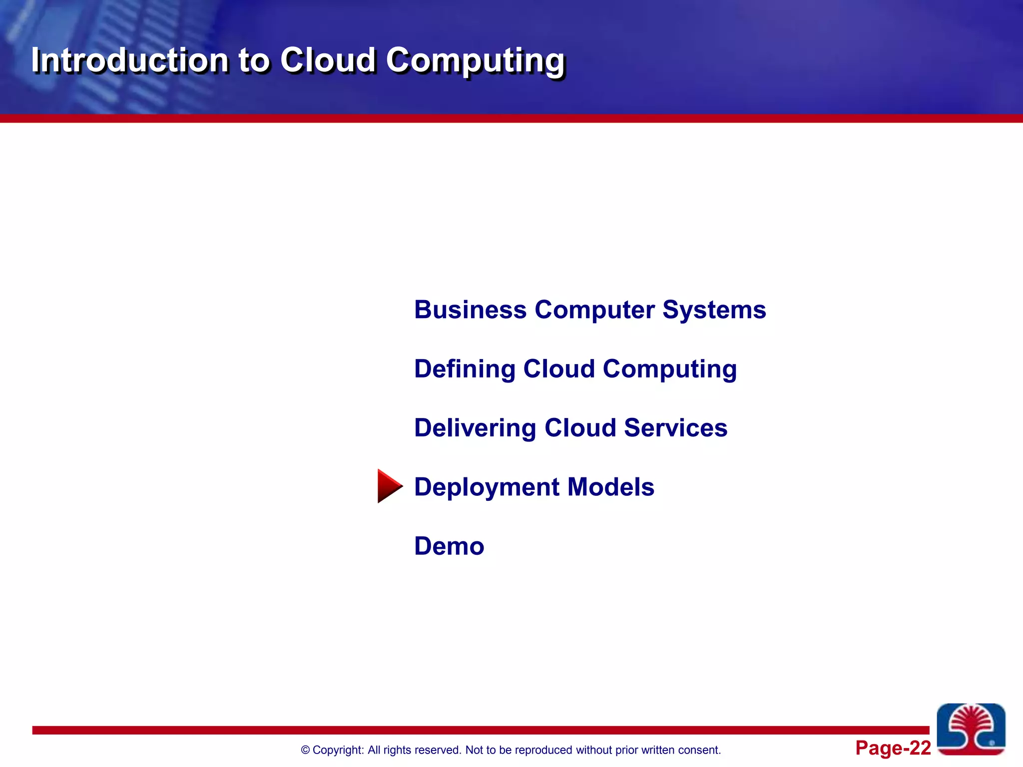 Introduction to Cloud ComputingBusiness Computer SystemsDefining Cloud ComputingDelivering Cloud ServicesDeployment ModelsDemo