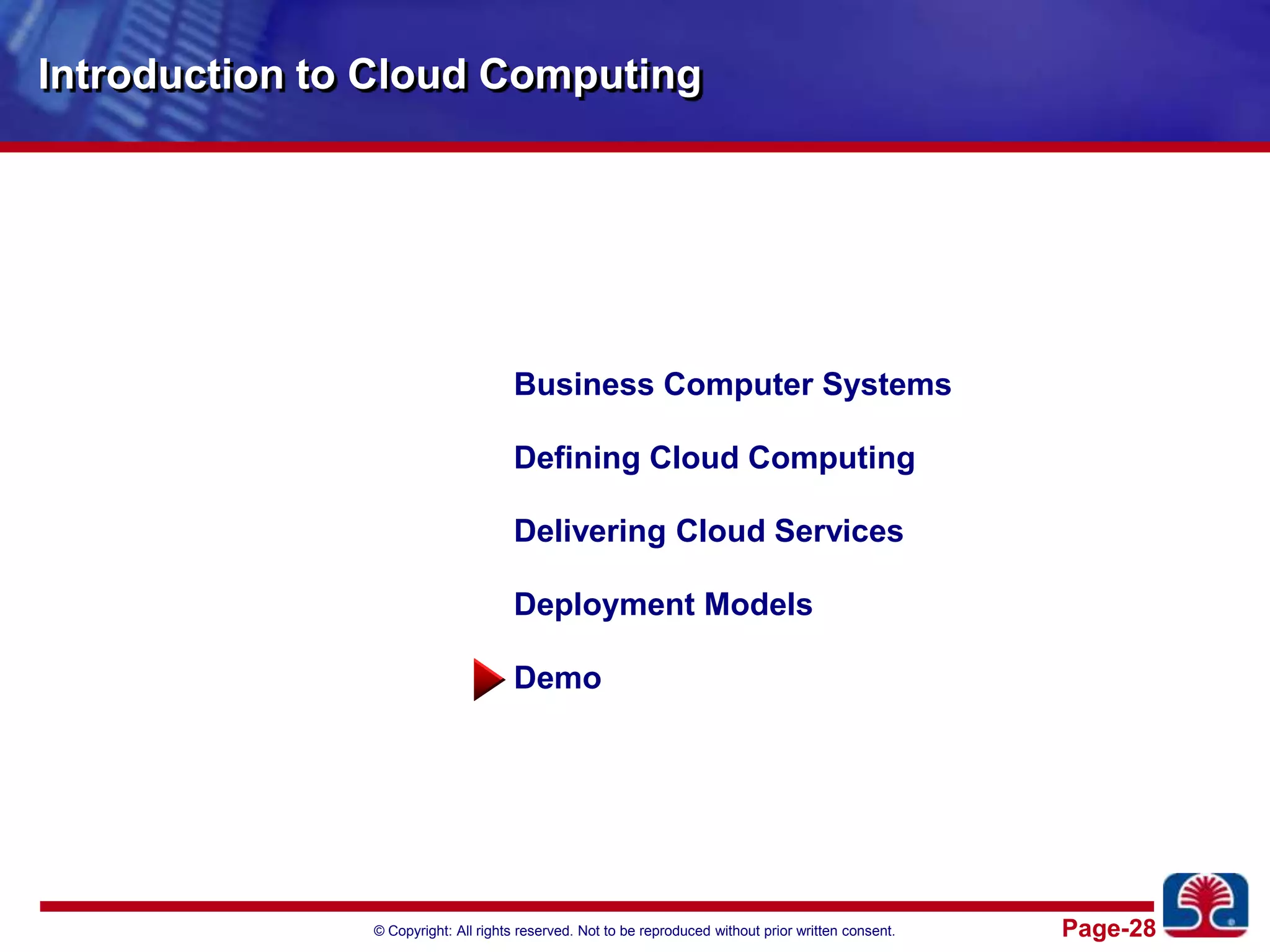 Introduction to Cloud ComputingBusiness Computer SystemsDefining Cloud ComputingDelivering Cloud ServicesDeployment ModelsDemo