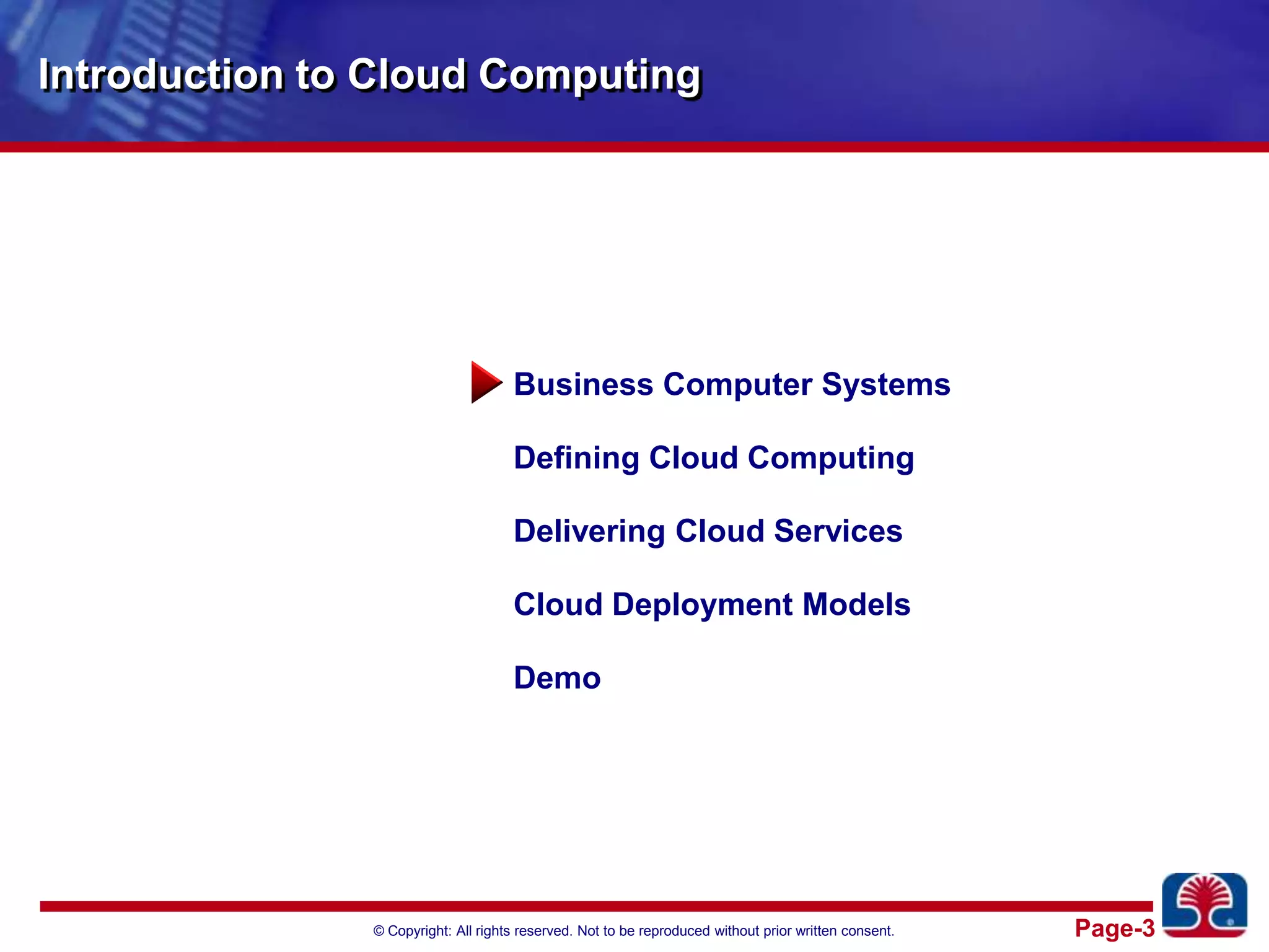 Introduction to Cloud ComputingBusiness Computer SystemsDefining Cloud ComputingDelivering Cloud ServicesCloud Deployment ModelsDemo