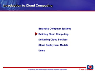 Introduction to Cloud ComputingBusiness Computer SystemsDefining Cloud ComputingDelivering Cloud ServicesCloud Deployment ModelsDemo