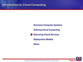 Introduction to Cloud ComputingBusiness Computer SystemsDefining Cloud ComputingDelivering Cloud ServicesDeployment ModelsDemo