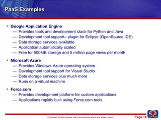 PaaS ExamplesGoogle Application EngineProvides tools and development stack for Python and JavaDevelopment tool support– plugin for Eclipse (OpenSource IDE)Data storage services availableApplication automatically scaledFree for 500MB storage and 5 million page views per monthMicrosoft AzureProvides Windows Azure operating systemDevelopment tool support for Visual StudioData storage services plus much moreRuns on a virtual machineForce.comProvides development platform for custom applicationsApplications rapidly built using Force.com tools