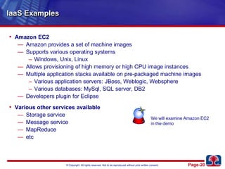 IaaS ExamplesAmazon EC2Amazon provides a set of machine imagesSupports various operating systemsWindows, Unix, LinuxAllows provisioning of high memory or high CPU image instancesMultiple application stacks available on pre-packaged machine imagesVarious application servers: JBoss, Weblogic, WebsphereVarious databases: MySql, SQL server, DB2Developers plugin for EclipseVarious other services availableStorage serviceMessage serviceMapReduceetcWe will examine Amazon EC2in the demo