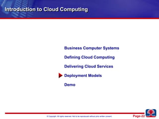 Introduction to Cloud ComputingBusiness Computer SystemsDefining Cloud ComputingDelivering Cloud ServicesDeployment ModelsDemo
