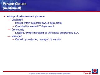 Private Clouds(continued)Variety of private cloud patternsDedicatedHosted within customer owned data centerOperated by internal IT departmentCommunityLocated, owned managed by third party according to SLAManagedOwned by customer, managed by vendor