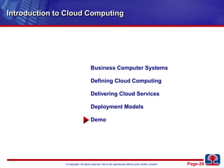 Introduction to Cloud ComputingBusiness Computer SystemsDefining Cloud ComputingDelivering Cloud ServicesDeployment ModelsDemo