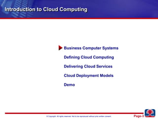 Introduction to Cloud ComputingBusiness Computer SystemsDefining Cloud ComputingDelivering Cloud ServicesCloud Deployment ModelsDemo