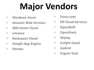 Major Vendors
• Windows Azure
• Amazon Web Services
• IBM Smart Cloud
• vmware
• Rackspace Cloud
• Google App Engine
• Heroku
• Force.com
• HP Cloud Services
• OpenShift
• OpenStack
• Skytap
• Enlight cloud
• GoGrid
• Engine Yard
 