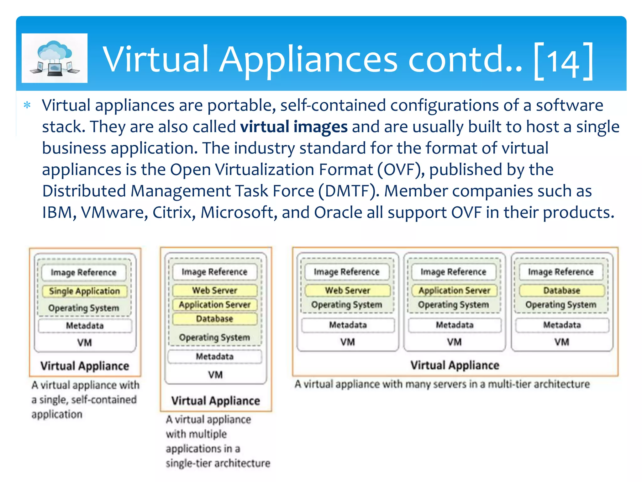  Virtual appliances are portable, self-contained configurations of a software
stack. They are also called virtual images and are usually built to host a single
business application. The industry standard for the format of virtual
appliances is the Open Virtualization Format (OVF), published by the
Distributed Management Task Force (DMTF). Member companies such as
IBM, VMware, Citrix, Microsoft, and Oracle all support OVF in their products.
Virtual Appliances contd.. [14]
 