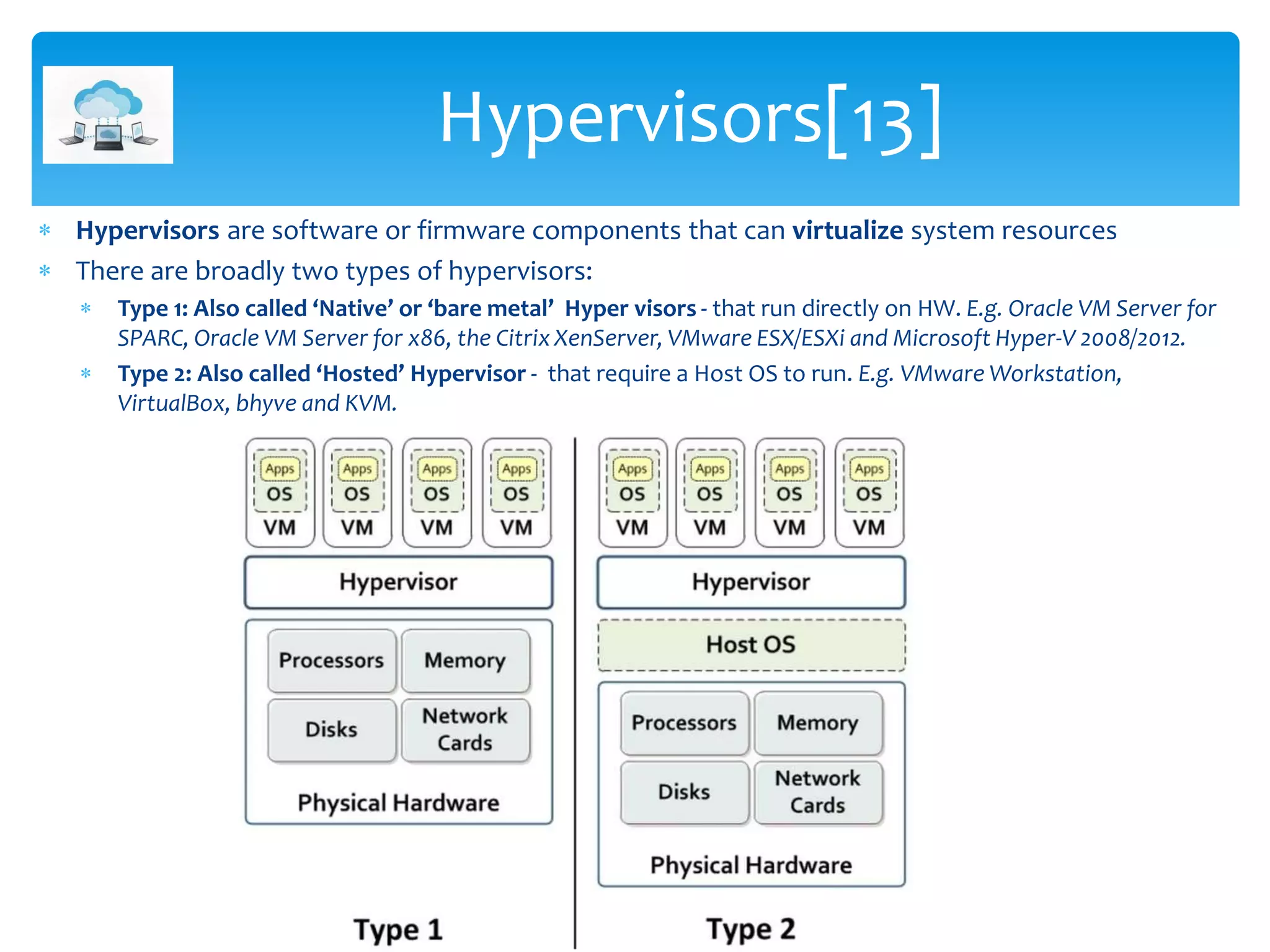  Hypervisors are software or firmware components that can virtualize system resources
 There are broadly two types of hypervisors:
 Type 1: Also called ‘Native’ or ‘bare metal’ Hyper visors - that run directly on HW. E.g. Oracle VM Server for
SPARC, Oracle VM Server for x86, the Citrix XenServer, VMware ESX/ESXi and Microsoft Hyper-V 2008/2012.
 Type 2: Also called ‘Hosted’ Hypervisor - that require a Host OS to run. E.g. VMware Workstation,
VirtualBox, bhyve and KVM.
Hypervisors[13]
 