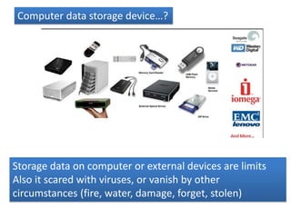 Computer data storage device…?
Storage data on computer or external devices are limits
Also it scared with viruses, or vanish by other
circumstances (fire, water, damage, forget, stolen)
 