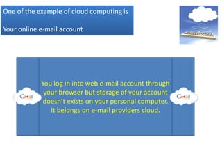 One of the example of cloud computing is
Your online e-mail account
You log in into web e-mail account through
your browser but storage of your account
doesn’t exists on your personal computer.
It belongs on e-mail providers cloud.
 
