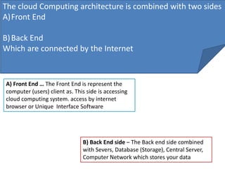 The cloud Computing architecture is combined with two sides
A)Front End
B)Back End
Which are connected by the Internet
A) Front End … The Front End is represent the
computer (users) client as. This side is accessing
cloud computing system. access by internet
browser or Unique Interface Software
B) Back End side – The Back end side combined
with Severs, Database (Storage), Central Server,
Computer Network which stores your data
 