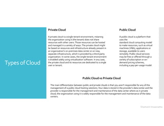 Types ofCloud
Public Cloud
A public cloud is a platform that
uses the
standard cloud computing model
to make resources, such as virtual
machines (VMs), applications or
storage, available to users
remotely. Public cloud services
may be free or offered through a
variety of subscription or on-
demand pricing schemes,
including a pay-per-usage model.
Private Cloud
A private cloud is a single-tenant environment, meaning
the organization using it (the tenant) does not share
resources with other users.Those resources can be hosted
and managed in a variety of ways. The private cloud might
be based on resources and infrastructure already present in
an organization's on-premises data center or on new,
separate infrastructure, which is provided by a third-party
organization. In some cases, the single-tenant environment
is enabled solely using virtualization software. In any case,
the private cloud and its resources are dedicated to a single
user or tenant.
Public Cloud vs Private Cloud
The main differentiator between public and private clouds is that you aren’t responsible for any of the
management of a public cloud hosting solutions.Your data is stored in the provider’s data center and the
provider is responsible for the management and maintenance of the data center where as in private
cloud, the organization using it is solely responsible for the management and maintenance of the data
centers.
Shashank Viswanadha
 