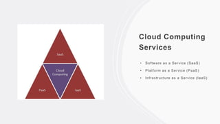Cloud Computing
Services
• Software as a Service (SaaS)
• Platform as a Service (PaaS)
• Infrastructure as a Service (IaaS)
 