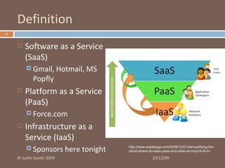 Definition <ul><li>Software as a Service (SaaS) </li></ul><ul><ul><li>Gmail, Hotmail, MS Popfly </li></ul></ul><ul><li>Pla...