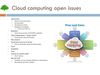 Cloud computing open issues Governance Security, Privacy and control SLA guarantees Ownership and control Compliance and auditing Sarbanes and Oxley Act Reliability Good servive provider with 99.999% availability Cloud independence – Vendor lockin? Cloud provider goes out of business Data Security Cloud lockin and Loss of control Plan for moving data along with Cloud provider Cost? Simplicity? Tools Controls on sensitive data? Out of business Big and small Scalability and cost outweigh reliability for small businesses Big businesses may have a problem 