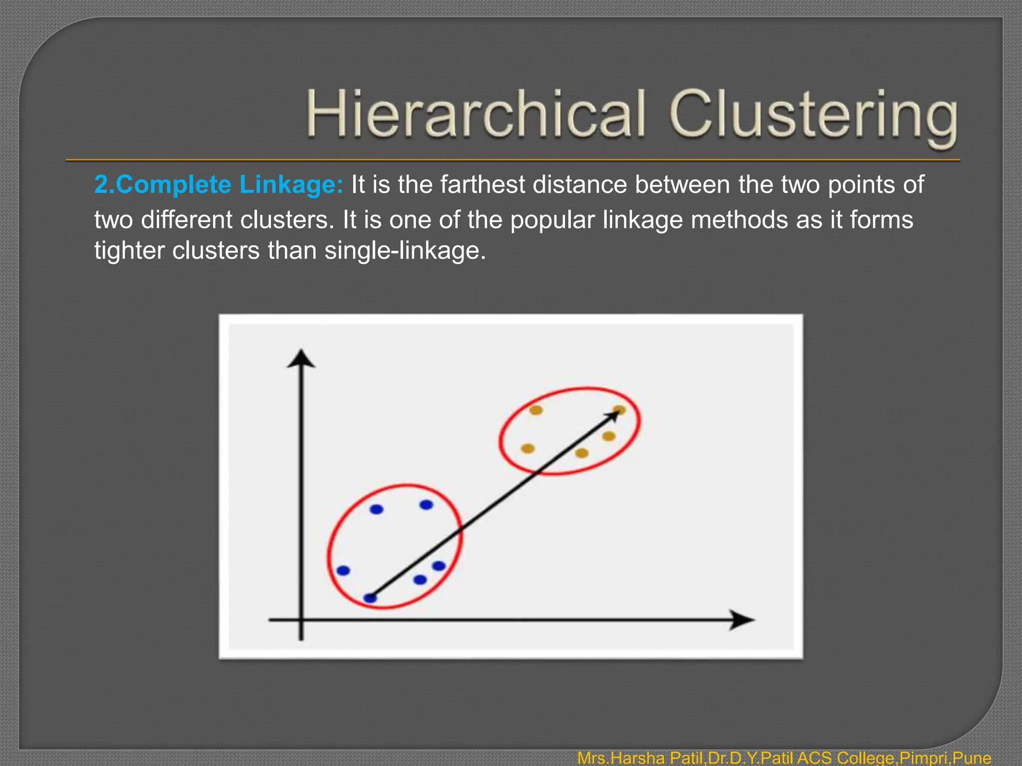 Mrs.Harsha Patil,Dr.D.Y.Patil ACS College,Pimpri,Pune
2.Complete Linkage: It is the farthest distance between the two points of
two different clusters. It is one of the popular linkage methods as it forms
tighter clusters than single-linkage.
 