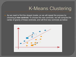  As we need to find the closest cluster, so we will repeat the process by
choosing a new centroid. To choose the new centroids, we will compute the
center of gravity of these centroids, and will find new centroids as below:
 
