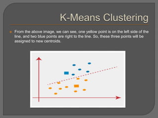  From the above image, we can see, one yellow point is on the left side of the
line, and two blue points are right to the line. So, these three points will be
assigned to new centroids.
 
